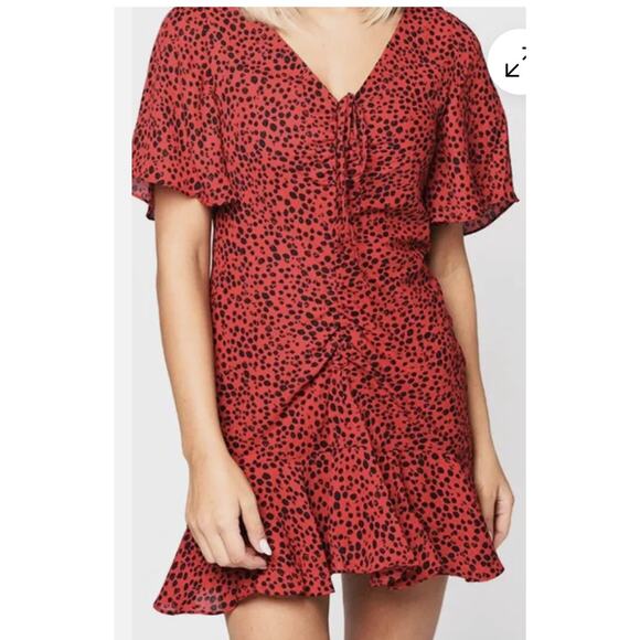 NEW BB Dakota Red Mini Dress Polka Dot Cheetah Ruffle Womens SIze 0 - Picture 1 of 10